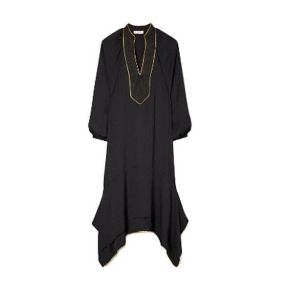 NWT Tory Burch Puffed-sleeve Tunic Dress in Black Belted Gold Trim Midi XS $498